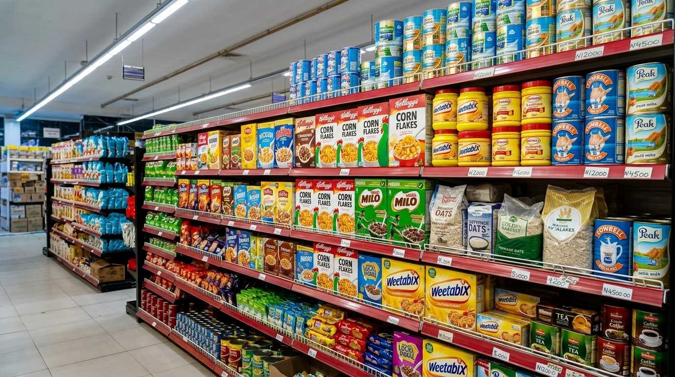 Packaged food and beverages on supermarket shelves
