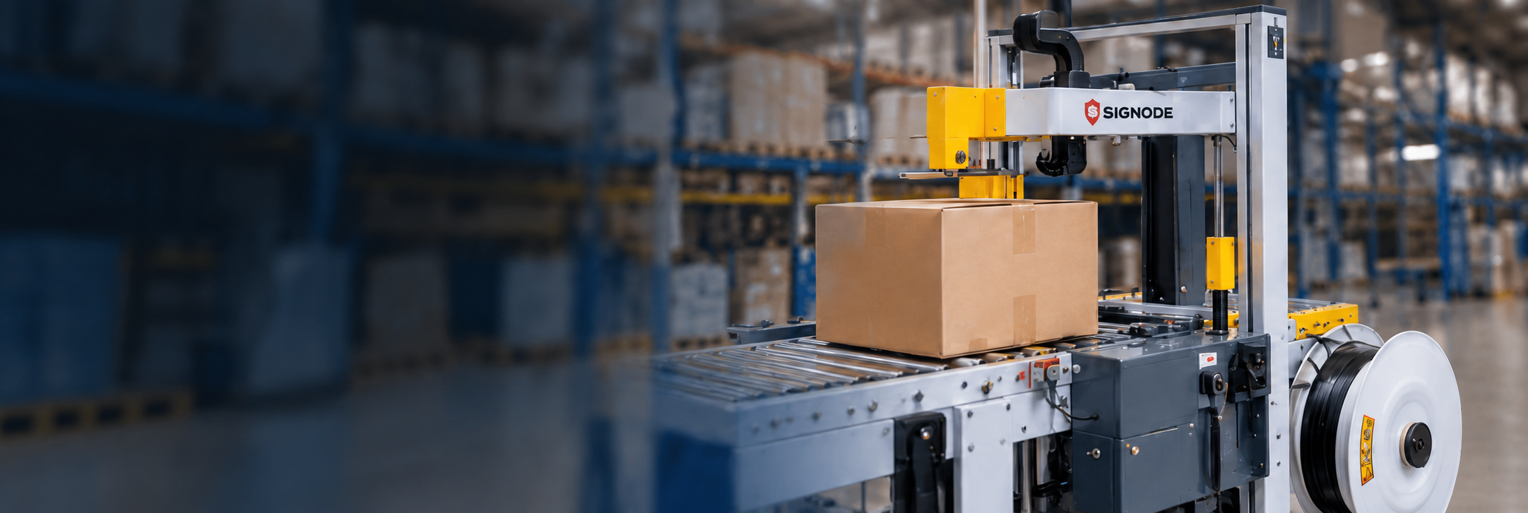Signode packaging machine sealing a cardboard carton in a warehouse